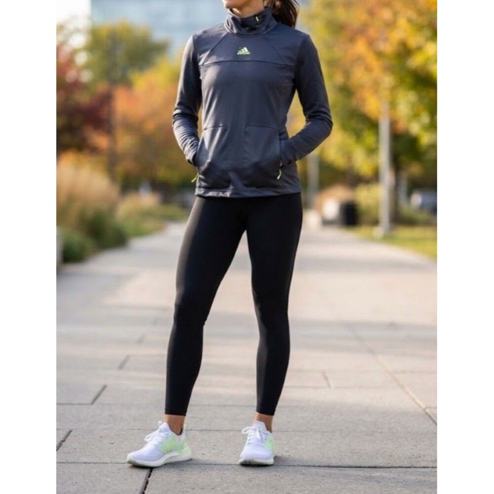 Adidas Women S Long Sleeve Athletic Training Jacket Gray Lime Full Zip Pockets